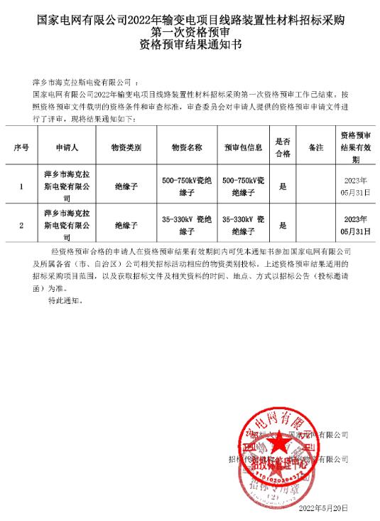 國家電網(wǎng)有限公司35kV-750kV資格預審結果通知書